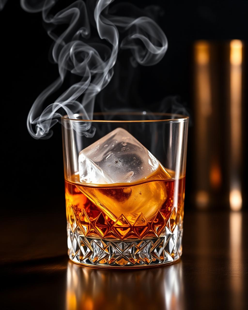Smoked whiskey serve in a crystal glass under warm bar light